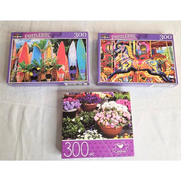 Set of 3 Complete 300 Piece Puzzles Flower Shop Surfboards Black Beauty Carousel - Picture 1 of 4
